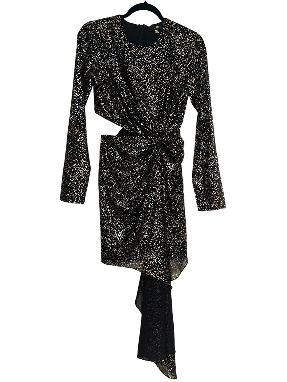 AFRM Foil Star Print Long Sleeve Cut Out  Black Metallic Draped Mini Dress XS